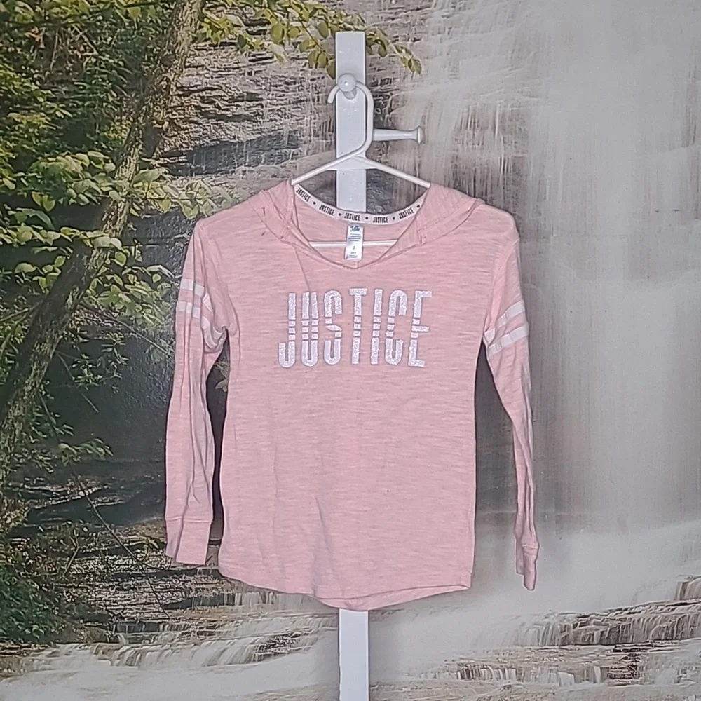 Justice Girls 7 glitter sparkly pink long sleeve striped lightweight hoodie Tee
